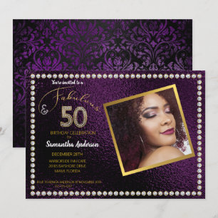 50 and Fabulous Purple Bling 50th Birthday Party Invitation
