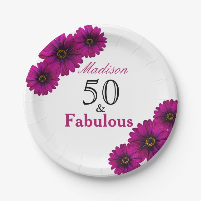 50 and Fabulous purple daisies 50th Birthday Paper Plate (Front)