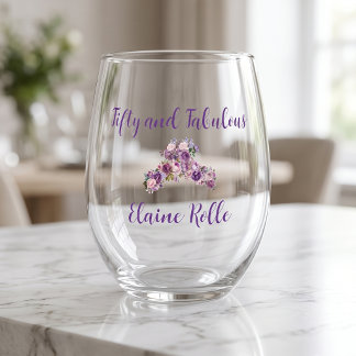 50 and Fabulous Purple Elegant Modern Stemless Wine Glass