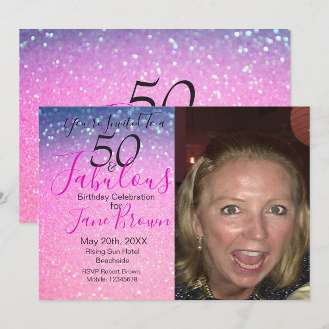 50 and Fabulous Purple Glitter Pink Invitation (Front/Back)