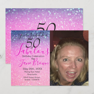 50 and Fabulous Purple Glitter Pink Invitation