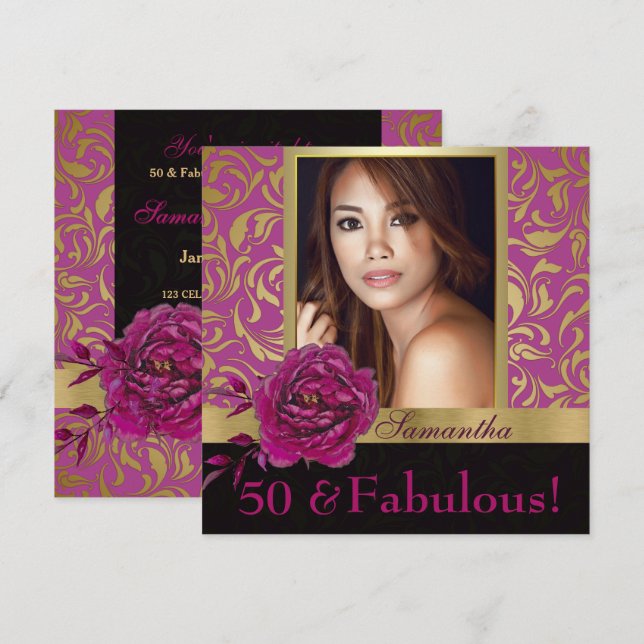 50 and Fabulous Purple Gold Damask Photo Birthday Invitation (Front/Back)