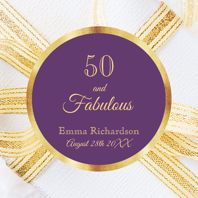 50 and fabulous purple gold name classic round sticker (Creator Uploaded)