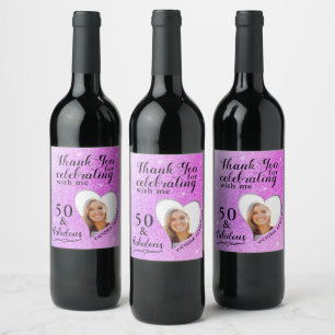 50 and Fabulous Purple Pink Thank You Birthday Wine Label