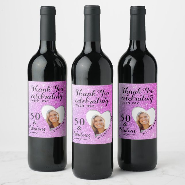 50 and Fabulous Purple Pink Thank You Birthday Wine Label (Bottles)