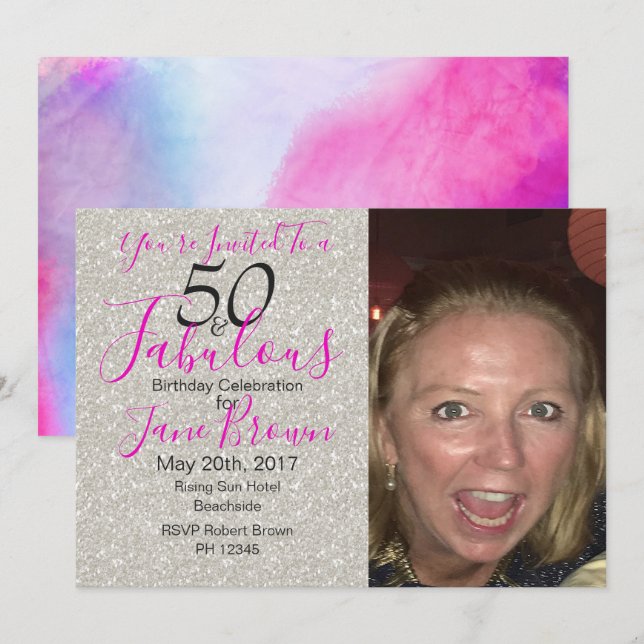 50 and Fabulous Purple  Silver and Pink invitation (Front/Back)