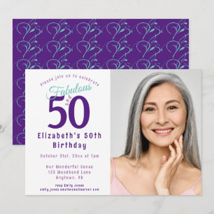 50 and Fabulous Purple Turquoise typography Invitation