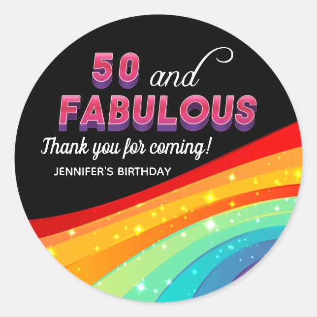 50 and Fabulous Rainbow 50th Birthday Party Classic Round Sticker (Front)