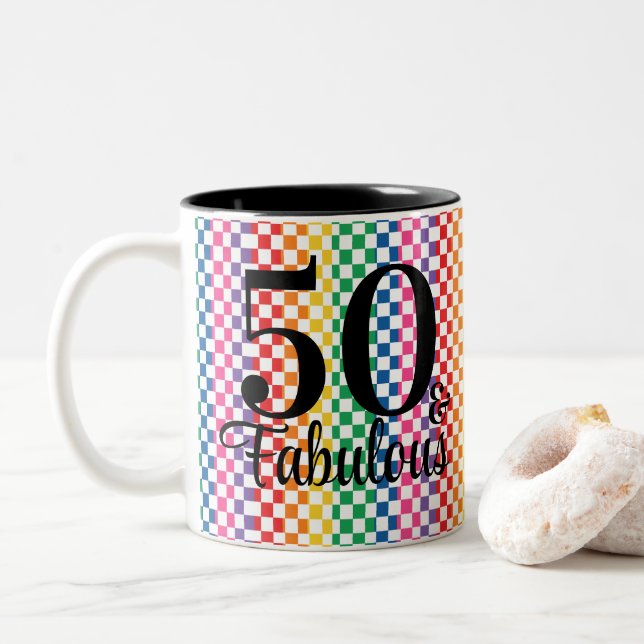 50 and Fabulous Rainbow Chequered Nurse Mug (With Donut)