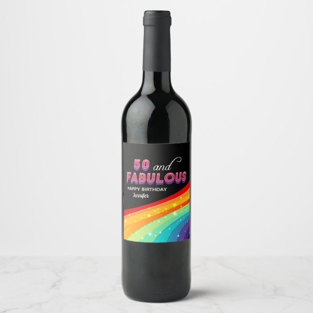50 and Fabulous Rainbow Sparkle Birthday Party Wine Label (Front)