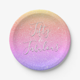 50 and Fabulous Rainbow Sparkle Glitter Paper Plate