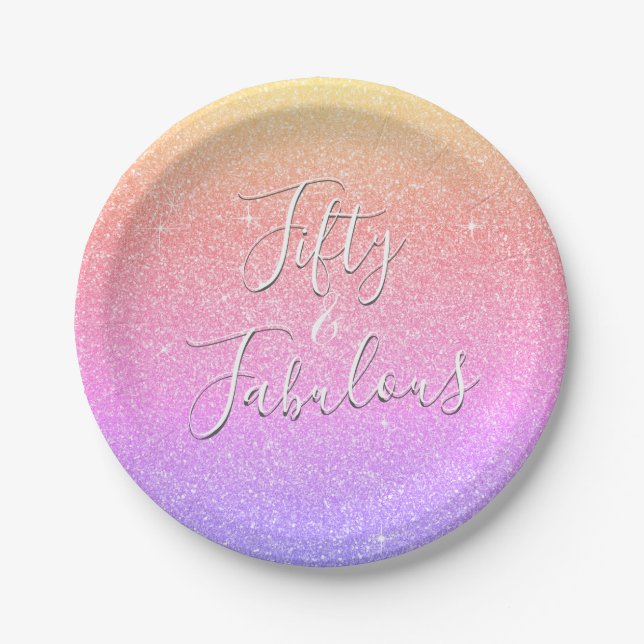 50 and Fabulous Rainbow Sparkle Glitter Paper Plate (Front)