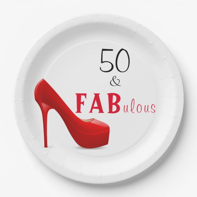 50 and Fabulous Red and Black 50th Birthday Paper Plate (Front)