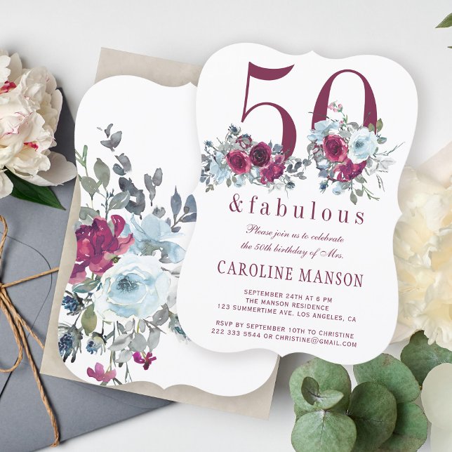 50 and fabulous red burgundy floral 50th birthday invitation (Creator Uploaded)