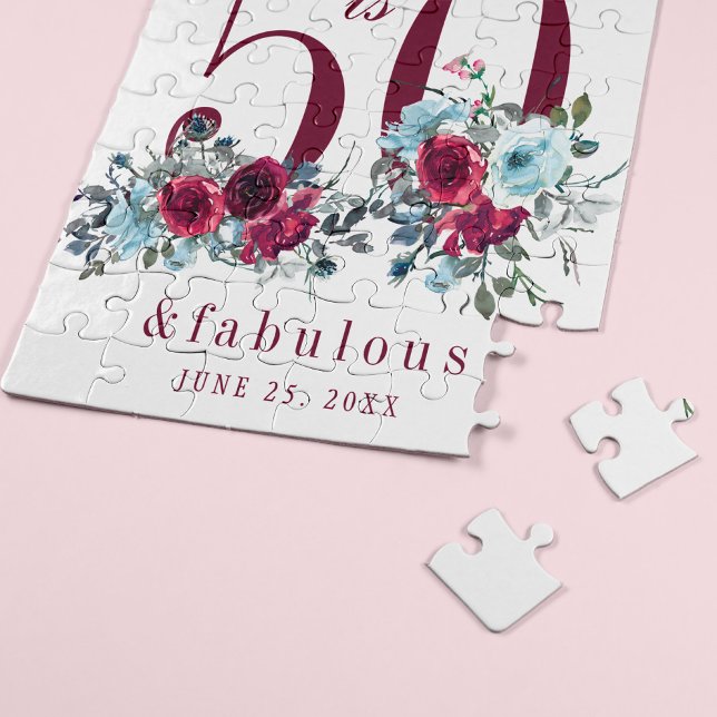 50 and fabulous red burgundy floral birthday gift jigsaw puzzle (Creator Uploaded)