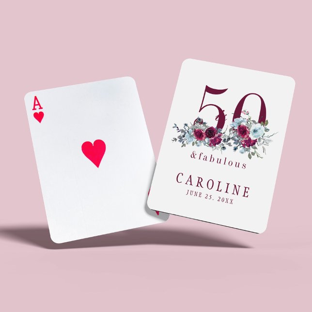 50 and fabulous red burgundy floral birthday gift playing cards (Creator Uploaded)