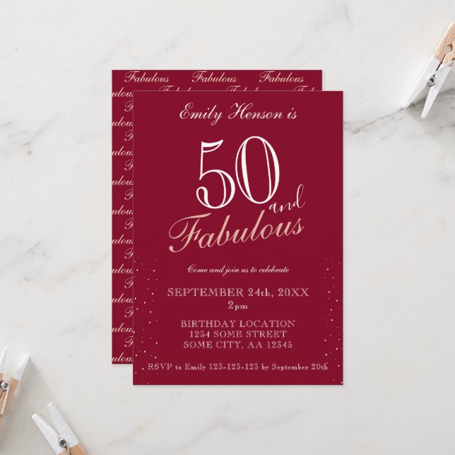 50 and Fabulous Red Elegant Script Birthday Invitation (Front/Back In Situ)