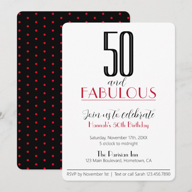 50 and Fabulous Retro Birthday Red and Black Invit Invitation (Front/Back)