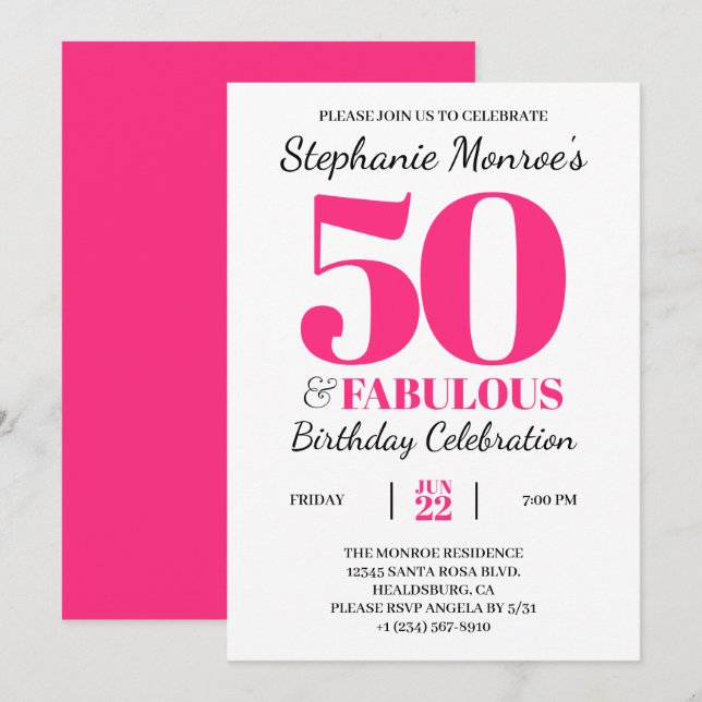 50 and Fabulous Retro Pink Typography Birthday Invitation (Front/Back)