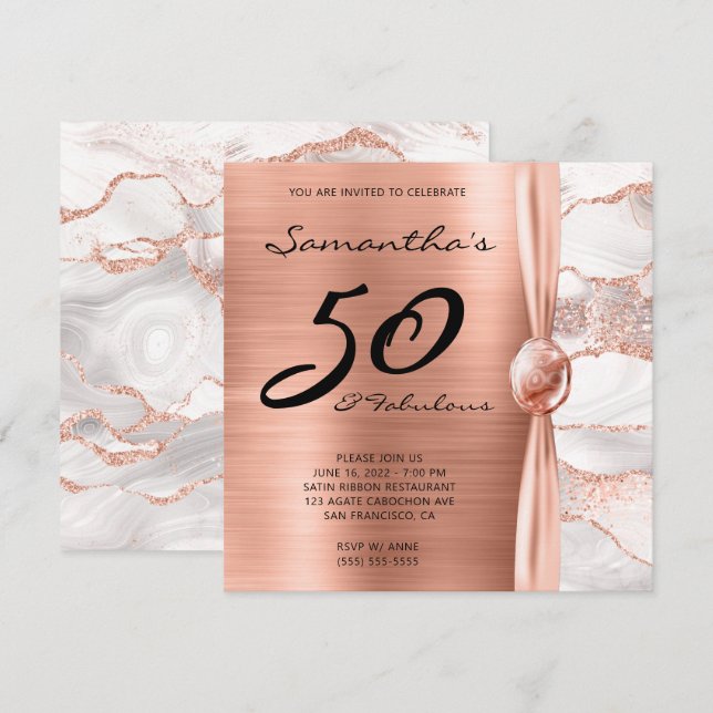 50 and Fabulous Rose Gold and White Agate Birthday Invitation (Front/Back)