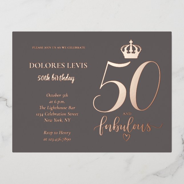50 and fabulous Rose Gold Birthday  Foil Invitation Postcard (Front)