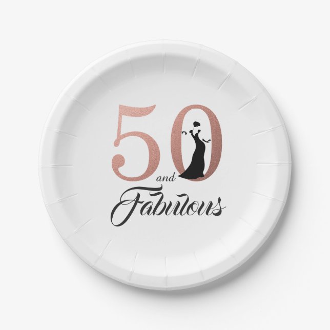50 and Fabulous Rose Gold Birthday Party Paper Plate (Front)