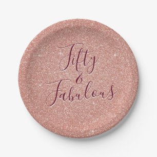 50 and Fabulous Rose Gold Blush Pink Glitter Paper Plate