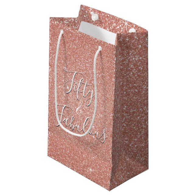 50 and Fabulous Rose Gold Blush Pink Glitter Small Gift Bag (Front Angled)