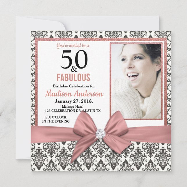 50 and Fabulous Rose gold bow damask 50th Birthday Invitation (Front)