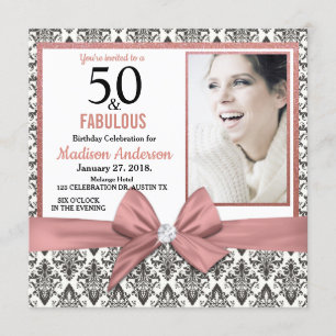 50 and Fabulous Rose gold bow damask 50th Birthday Invitation