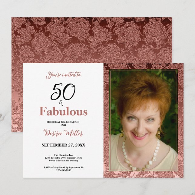 50 And Fabulous Rose Gold Floral Birthday Invitation (Front/Back)