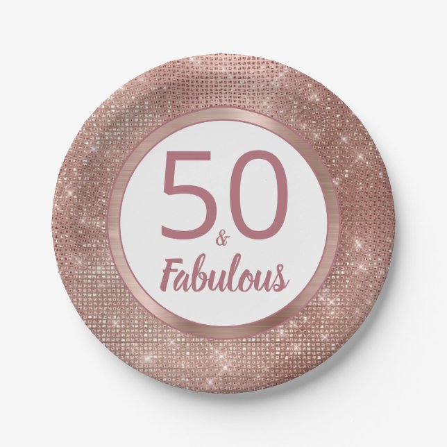 50 and Fabulous Rose Gold Glam 50th Birthday Party Paper Plate (Front)