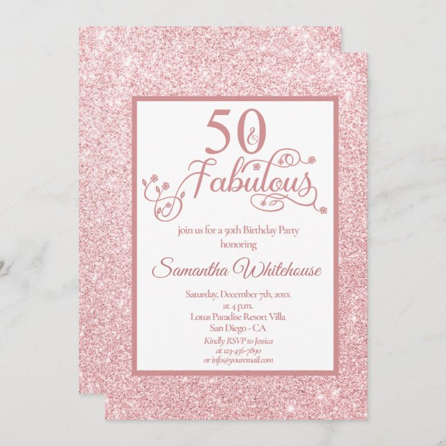 50 and Fabulous Rose Gold Glitter Birthday Party Invitation (Front/Back)
