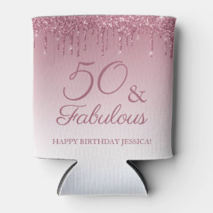 50 and Fabulous Rose Gold Pink Dripping Glitter Can Cooler