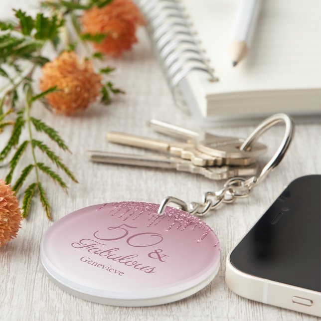 50 and Fabulous Rose Gold Pink Dripping Glitter Key Ring (Front Right)