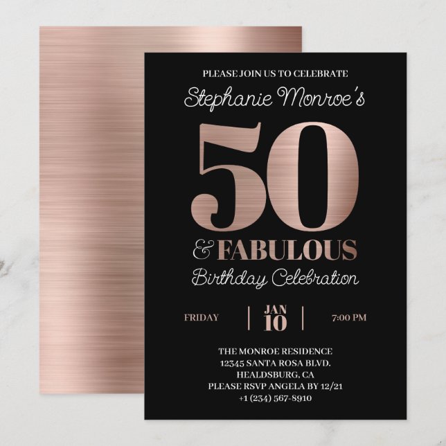 50 and Fabulous Rose Gold Typography Birthday Invitation (Front/Back)