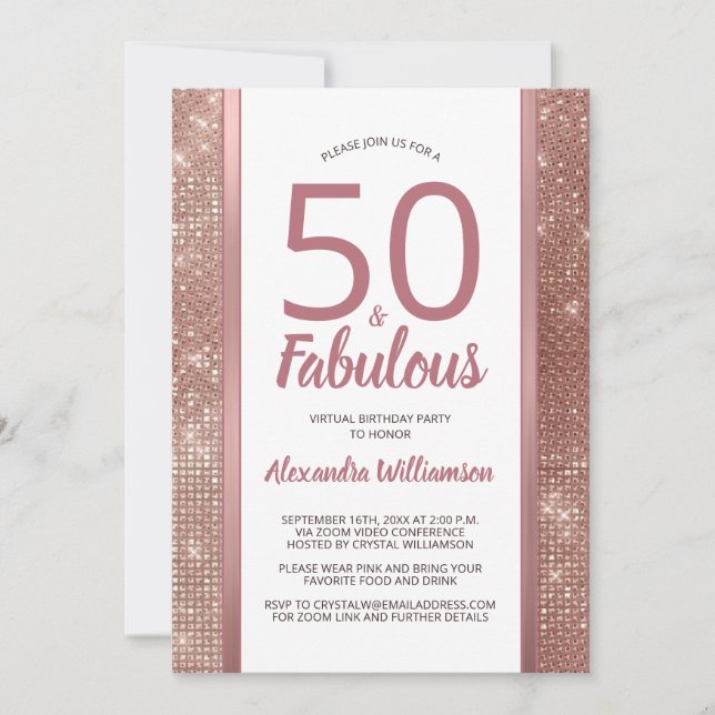 50 and Fabulous Rose Gold Virtual 50th Birthday Invitation (Front)