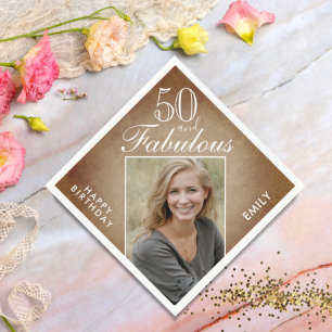 50 and Fabulous Rustic Beige Photo 50th Birthday Napkin