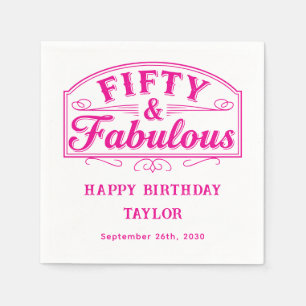 50 and Fabulous Rustic Script Line Art Pink Napkin