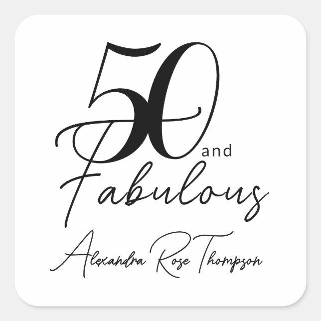 50 and Fabulous Script 50th Birthday Party Square Sticker (Front)