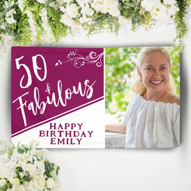 50 and Fabulous Script Photo Magenta 50th Birthday Banner (Creator Uploaded)