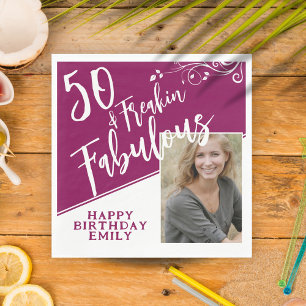 50 and Fabulous Script Photo Magenta 50th Birthday Napkin