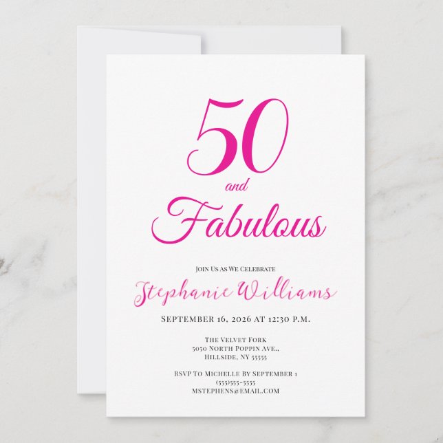 50 and Fabulous Script Pink 50th Birthday Party Invitation (Front)