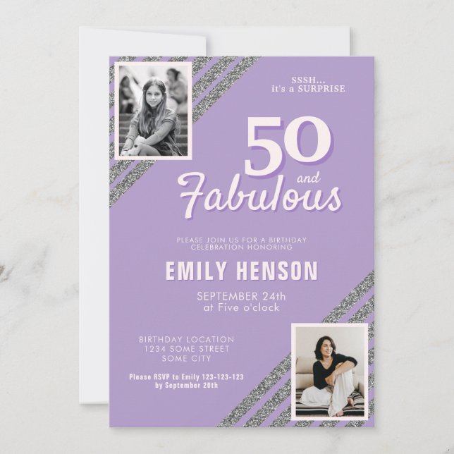 50 and Fabulous Silver Glitter 2 Photo Birthday Invitation (Front)