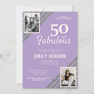 50 and Fabulous Silver Glitter 2 Photo Birthday Invitation