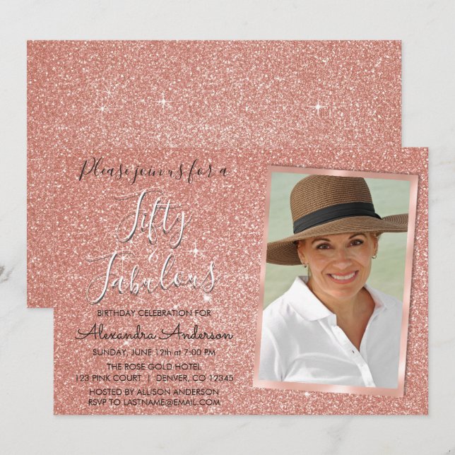 50 and Fabulous Sparkle Rose Gold Blush Pink Photo Invitation (Front/Back)