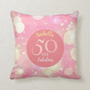 50 and Fabulous Sparkling Salmon Pink & Gold Cushion