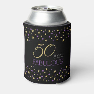 50 and Fabulous Star Pattern   Purple Gold Black Can Cooler