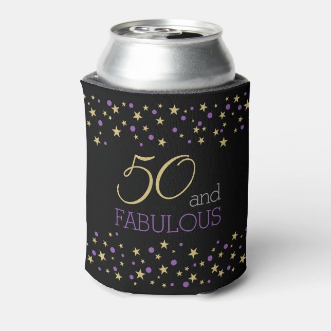 50 and Fabulous Star Pattern | Purple Gold Black Can Cooler (Can Back)