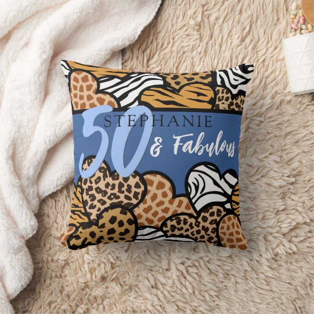 50 and Fabulous Stylish Blue Animal Print Hearts  Cushion (Blanket)
